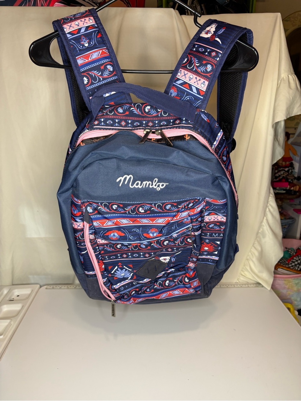 Mambo Western Navy Patterned Backpack with Pink Aztec Trim